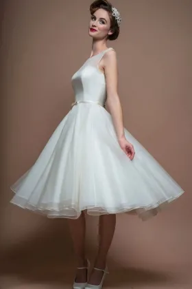Ethereal sheer back ivory organza sleeveless tea length A line wedding dress