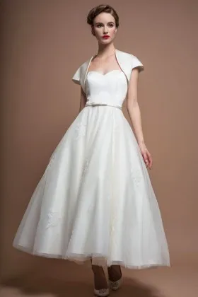 1960s vintage tea length A line wedding dress with cap sleeve bridal jacket