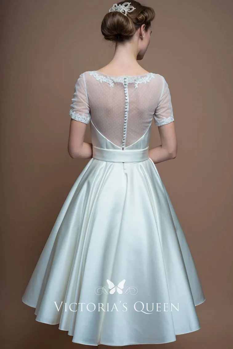 1950s inspired vintage illusion sheer short sleeve tea length wedding dress