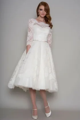 Short elegant illusion lace 3 4 sleeve tea length wedding dress