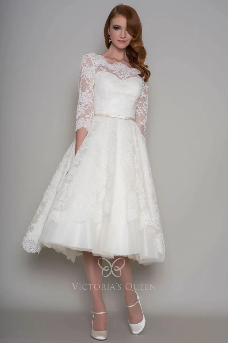 Short Illusion Lace 3/4 Sleeve Tea Length Wedding Dress - VQ