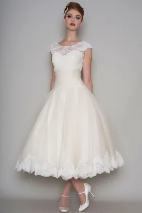 Illusion Cap Sleeve Classic Tea Length Ivory Lace and tulle Wedding Dress