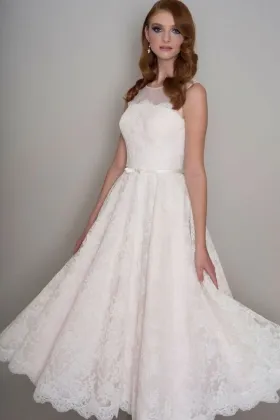 elegant tea length ivory lace illusion crew neck A line wedding