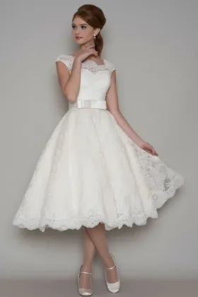 Ivory Lace Illusion Vintage Tea Length Cap Sleeve Wedding Dress