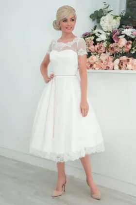 beautiful ivory antique tulle and lace illusion neckline tea length wedding dress