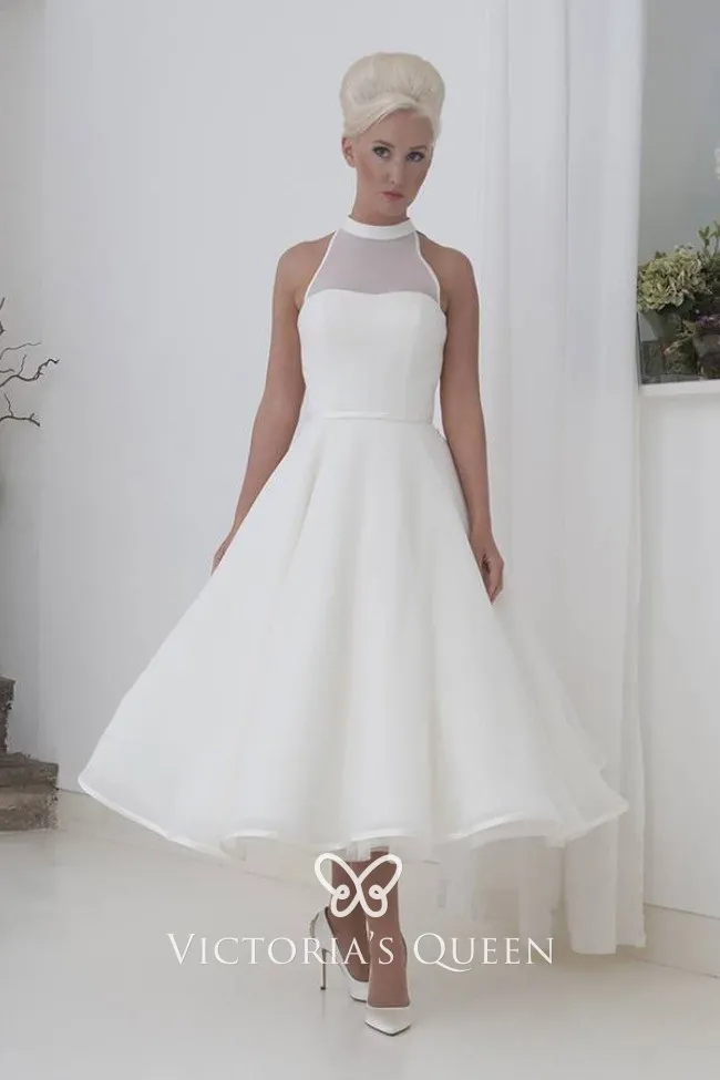 Stunning vintage ivory chiffon tea length wedding gown