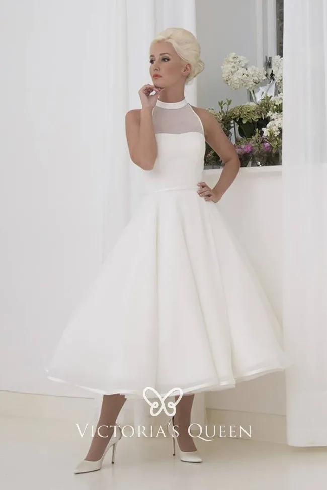 vintage ivory chiffon tea length wedding gown