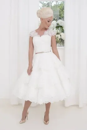 Gorgeous lace tiered tea length cap sleeve wedding dress