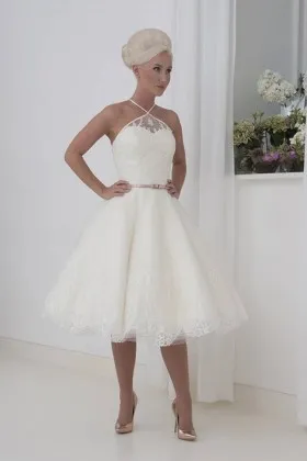 ivory lace and tulle overlay short cute halter neck knee length wedding dress