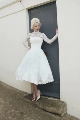 Long Sleeve Ivory Lace Tea Length Illusion Ball Gown Wedding Dress