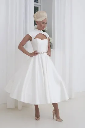 1950s vintage inspired elegant white satin tea length wedding dress
