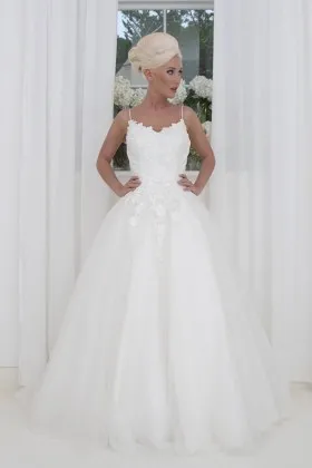 Graceful white tulle and lace spaghetti straps V neck ball gown wedding dress