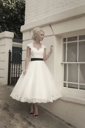 Tea Length Lace Cap Sleeve Keyhole Bridal Wedding Dress with Black Ribbon