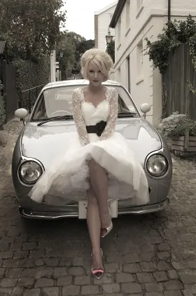 Illusion Vintage Long Sleeve Lace Tea Length Wedding Dress with Black Flower Sash