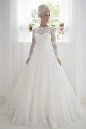 Vintage 1950s French lace illusion neckline long sleeve ball gown wedding dress