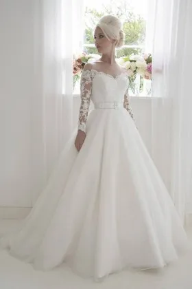 elegant ivory tulle and lace off the shoulder long sleeve wedding ball gown