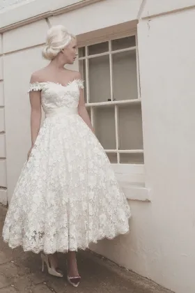 Off the Shoulder Full Lace Tea Length Scalloped Vintage Wedding Dress