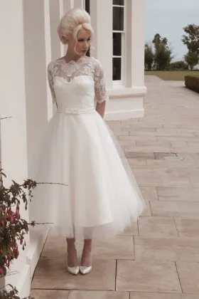 Beautiful Ivory Lace Illusion Elbow Sleeve Tea Length Tulle Vintage Wedding Dress