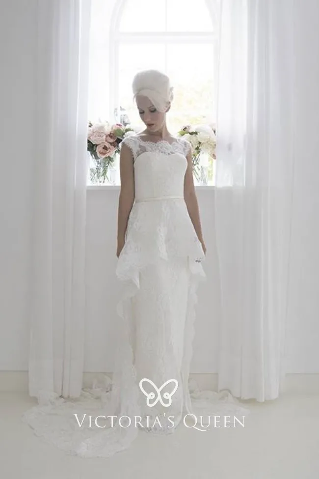 Stunning Lace Column Wedding Dress with Lace Peplum VQ