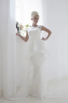 stunning lace column wedding dress with modern lace peplum cover