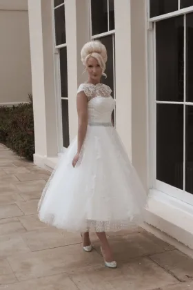 Illusion Boat Neck Cap Sleeve Tea Length Ivory Tulle and Lace Wedding Dress