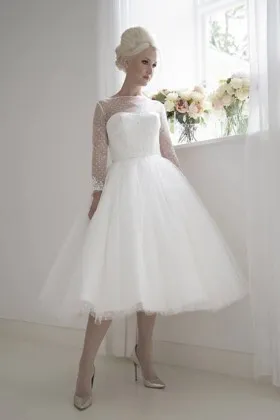 1950s retro spot tulle tea length wedding dress with illusion long sleeves