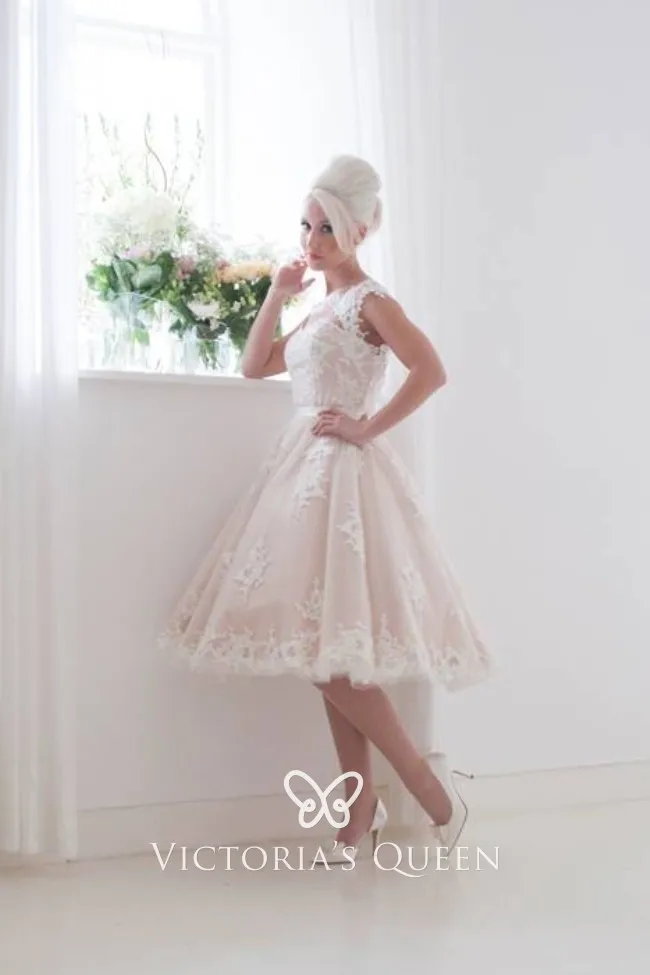 1950s vintage blush tulle and lace short knee length wedding dress