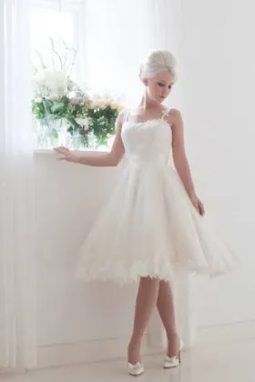 Super sweet short lace wedding dress with straps