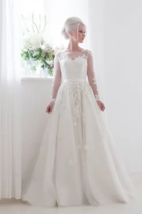 Classic tulle and lace illusion long sleeve floor length ball gown wedding dress