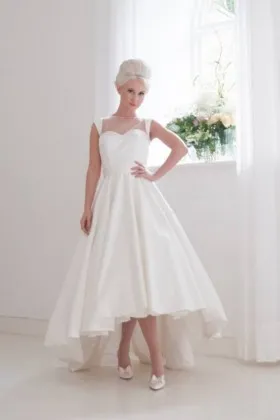 Vintage 1950s high low satin illusion neckline cap sleeve wedding gown