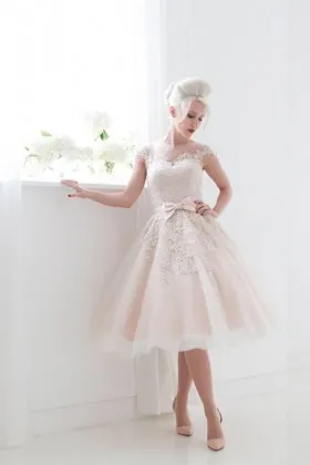 1950s inspired soft blush knee length short wedding dress