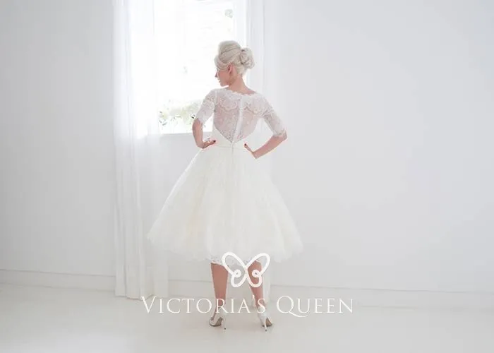 Vintage ivory eyelash lace short tea length wedding dress