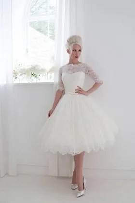 Vintage ivory eyelash lace short tea length wedding dress with sleeves