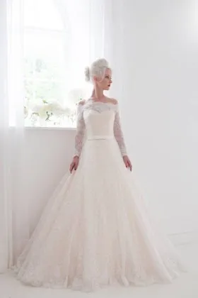 Elegant and chic off the shoulder blush lace sleeved ballgown wedding dress