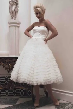 cute satin and tiered tulle tea length fun wedding dress