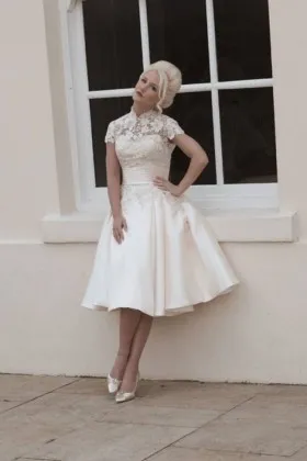 1940s vintage inspired lace collar cap sleeve satin tea length wedding dress