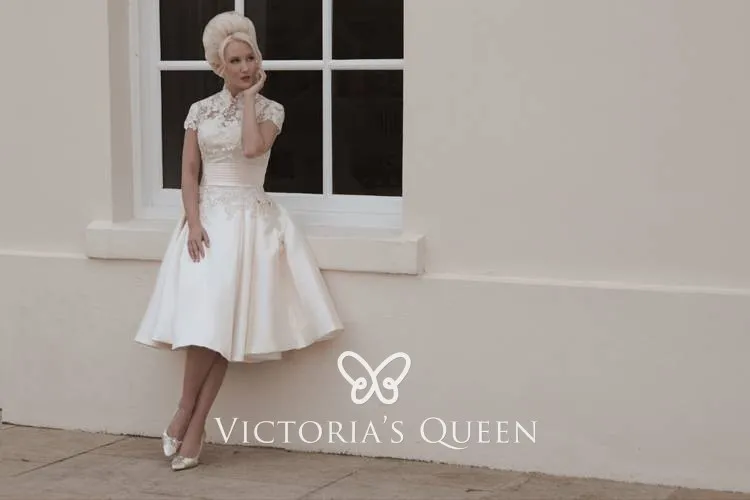 vintage inspired lace collar satin tea length wedding dress vintage inspired lace collar satin tea length wedding dress