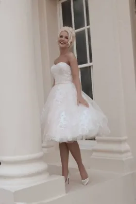 Short blush pink lace strapless cute tea length wedding dress