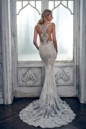Unique illusion lace mermaid designer wedding dress