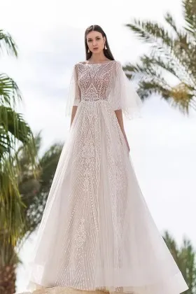 Sparkly beaded lace sheer summer wedding dress