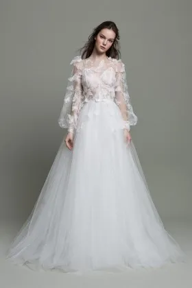 3D butterflies adorned sheer sleeve tulle wedding dress