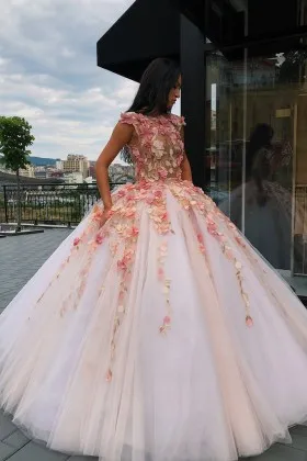 Colorful pink 3D floral lace appliqued bridal ball gown