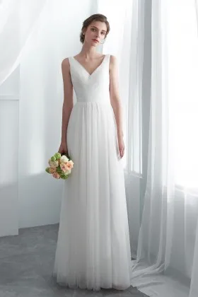ethereal pleated tulle v neck a line beach wedding dress