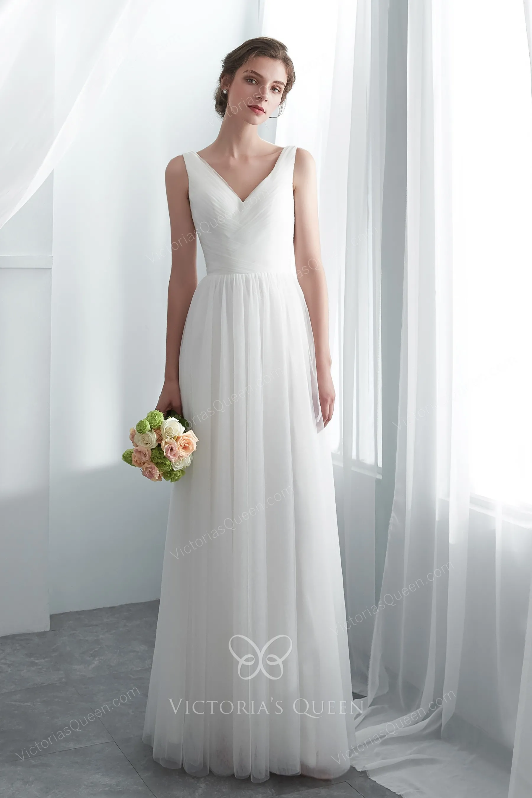 Ethereal Pleated Tulle Vneck Aline Beach Wedding Dress VQ