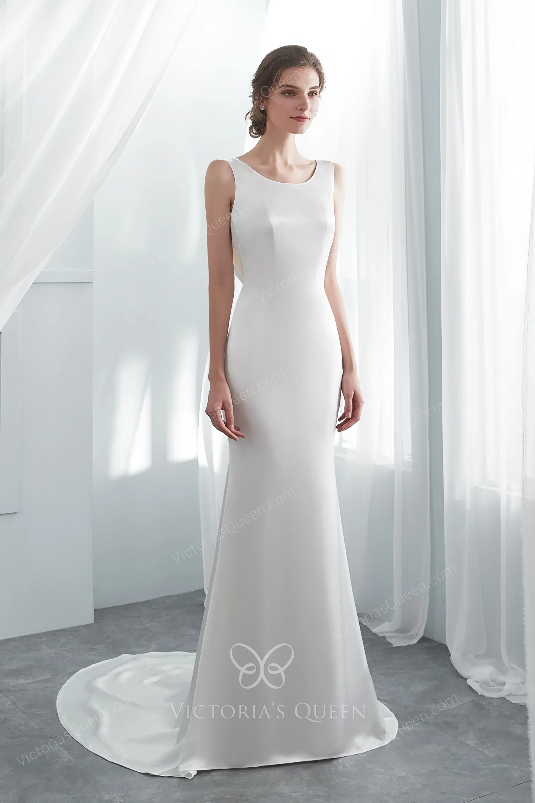 Elegant Ivory Satin Cowl Back Mermaid Spring Wedding Dress - VQ