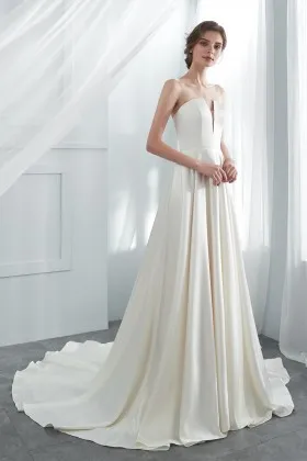 simple ivory satin strapless a line designer bridal gown