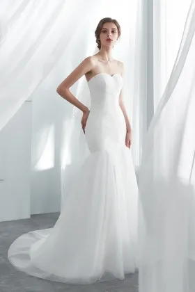 modern strapless pleated ivory tulle mermaid bridal dress