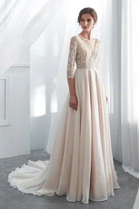 vintage 34 sleeve v neck beaded champagne lace wedding gown