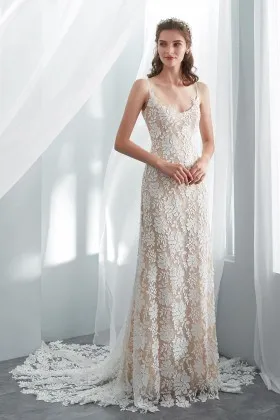 spaghetti strap champagne lace sheath bohemian bridal dress