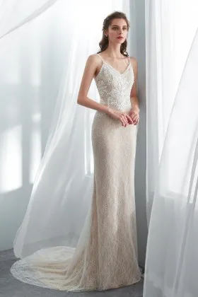 elegant v neck champagne lace sheath spring wedding gown